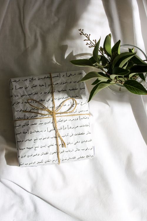 Free A beautifully wrapped gift with script paper and a green plant on a white surface. Stock Photo