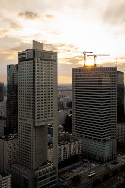 Cranes on a High Rise Building at Sunset