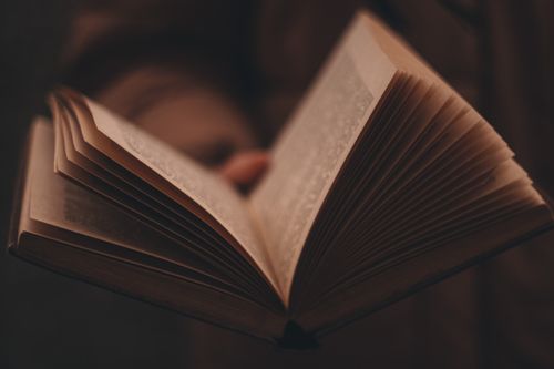 Free Close-up of an open book with pages fanned out in moody lighting. Stock Photo
