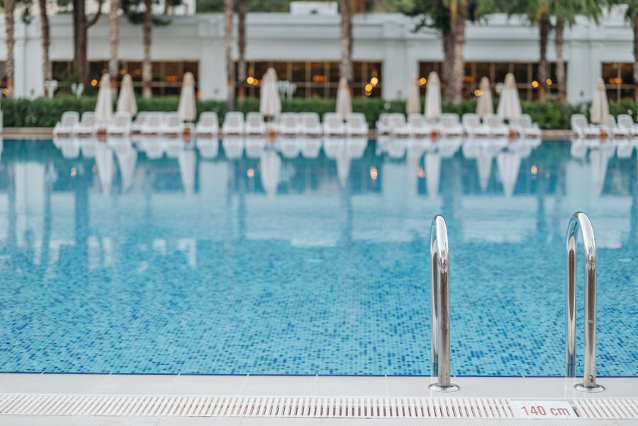 Crystal-clear resort pool maintained with balanced chemistry