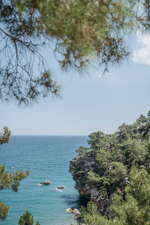 Free Tranquil view of a lush cliffside with trees and ocean under a clear sky. Stock Photo