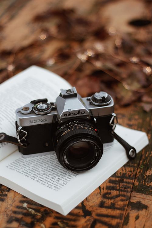 Free Retro Minolta camera placed on an open book outdoors, surrounded by autumn leaves. Stock Photo
