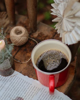Relaxing outdoor scene with a red coffee mug, yarn roll, and decorative elements on a rustic wooden table.