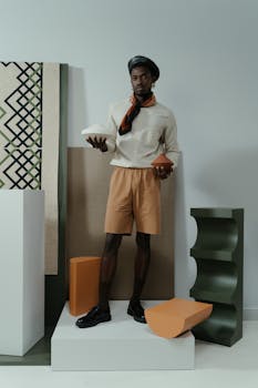 Stylish person posing with ceramics in a contemporary art setup.