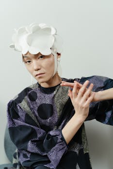 Portrait of a model in avant-garde fashion with unique headwear and abstract patterned dress.