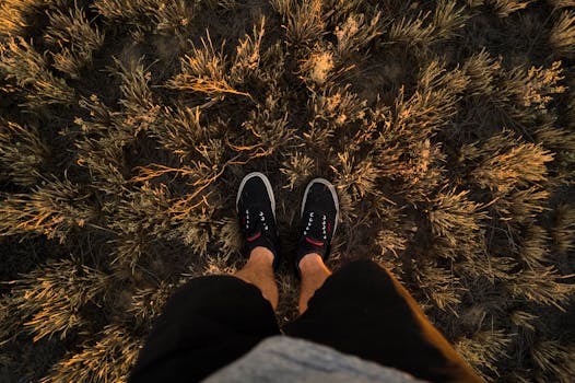 Aerial view of a person standing in a dry grass field, wearing black sneakers at sunset.