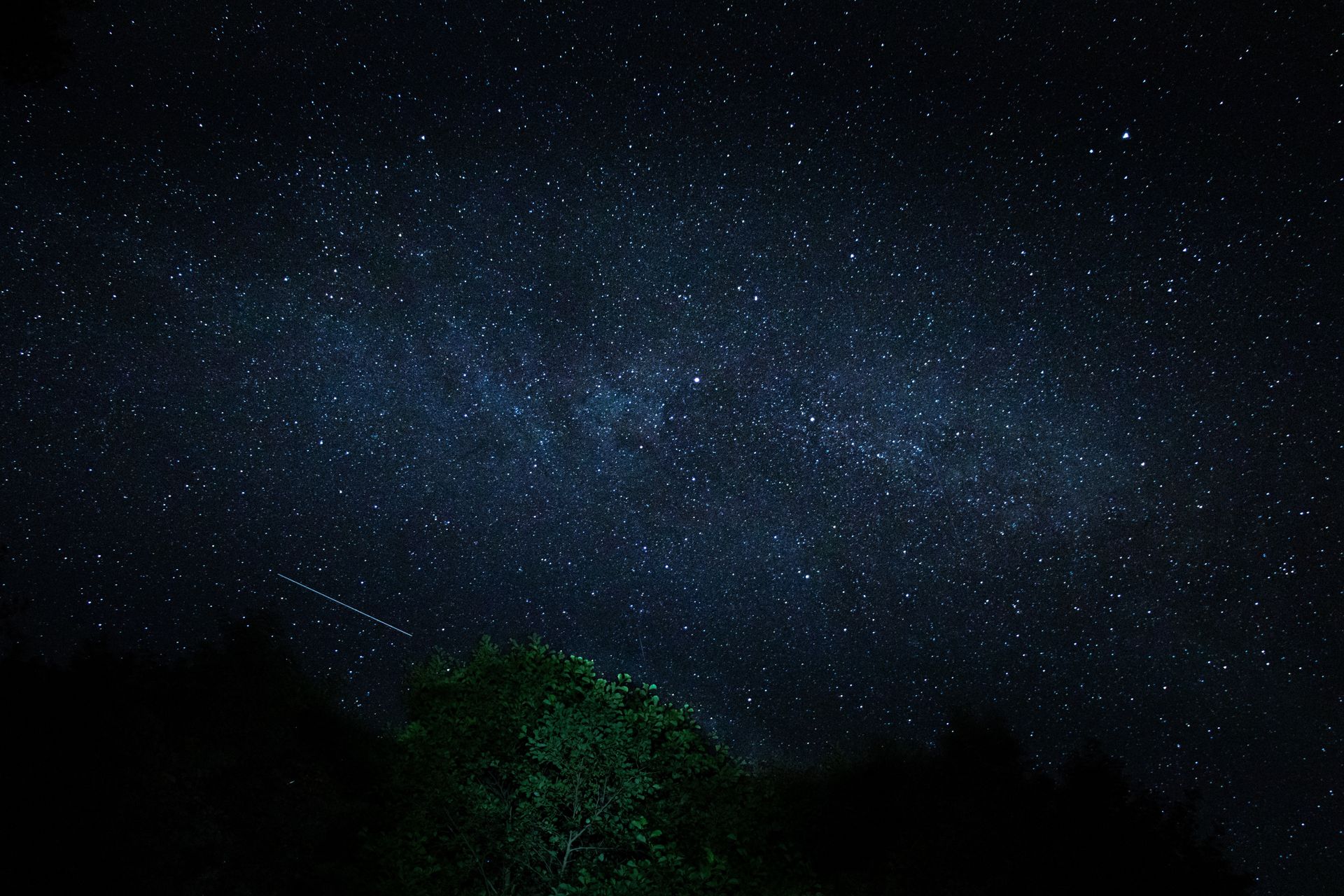 Beautiful starry night sky with meteor streaking over lush green trees in Poland.