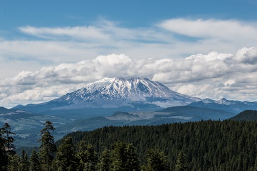 Breathtaking landscape of Mount St. Helens with forest foreground and cloudy sky.