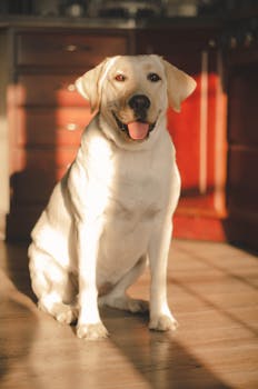 Friendly Golden Labrador Retriever sitting in warmly sunlit room indoors.