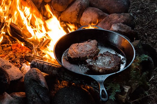 Sizzling steaks cooking in a cast iron pan over a campfire surrounded by logs and rocks.