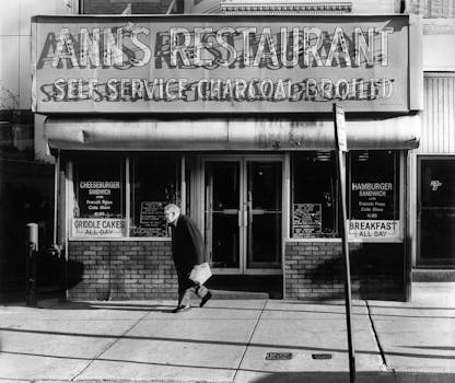 Historic image of Ann's Restaurant facade with a passerby on the sidewalk in Boston.