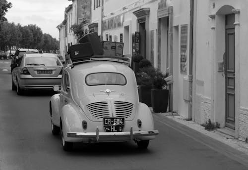A Grayscale of a Vintage Vehicle
