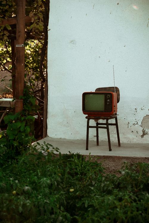 Free A classic vintage television set outdoors leaning against a rustic wall surrounded by greenery. Stock Photo