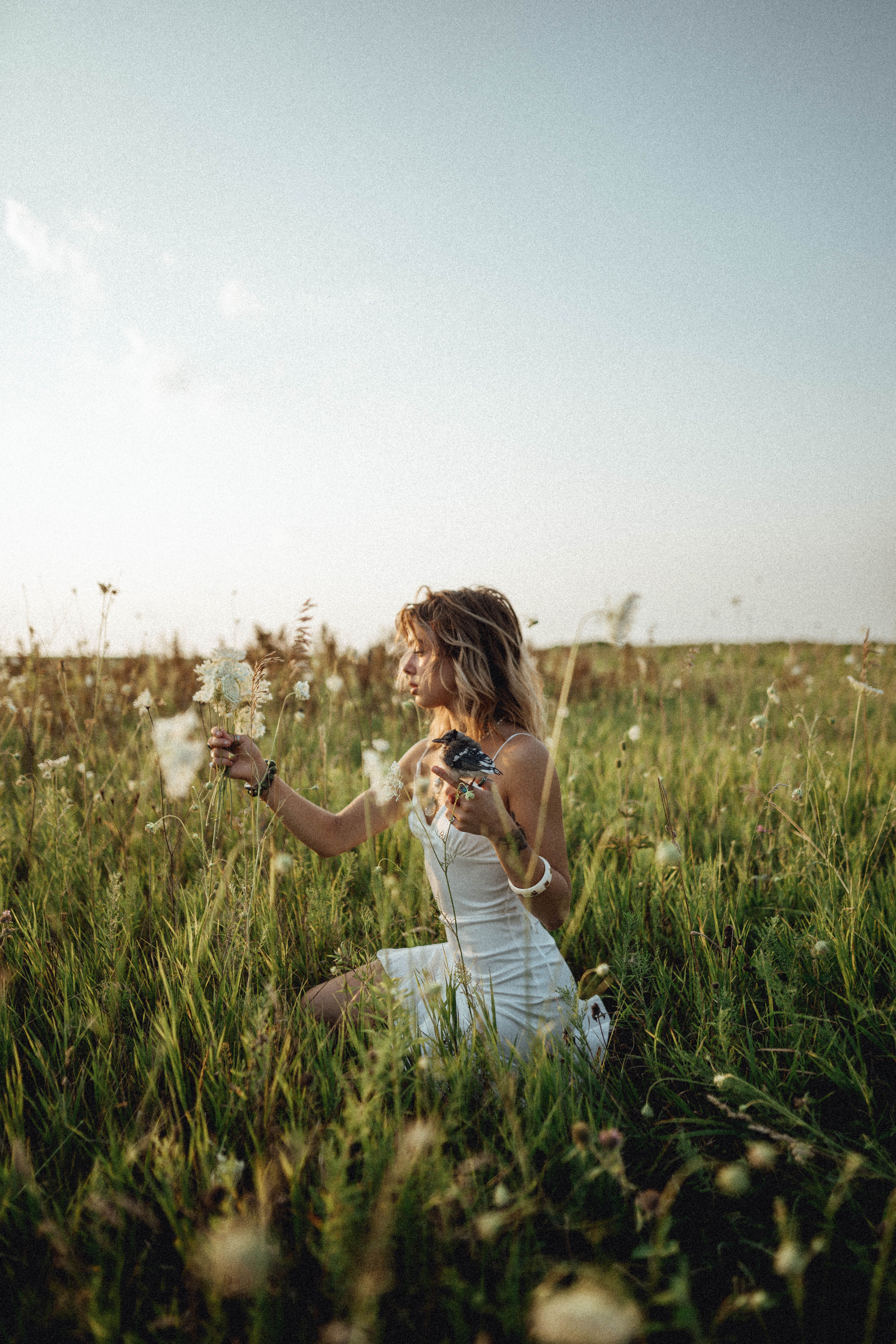 Woman in White Dress Sitting on Green Grass Field · Free Stock Photo