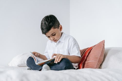 Free A young boy intently reading a book while sitting on a bed at home. Stock Photo