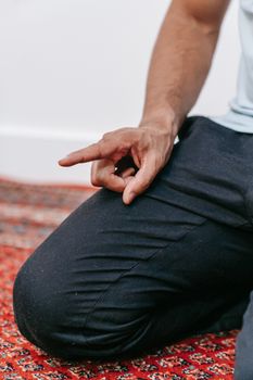 Close-up image of a hand making a gesture while kneeling on a patterned rug.