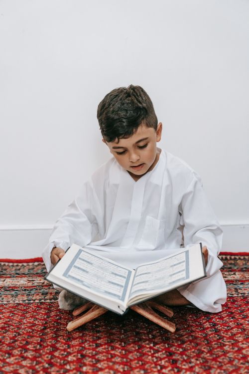 Free A child sits cross-legged reading a holy book indoors, emphasizing cultural and religious learning. Stock Photo