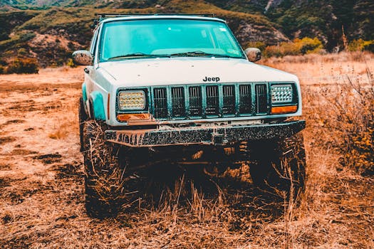 Front view of a mud-splattered Jeep on a dirt road, ideal for adventure themes.