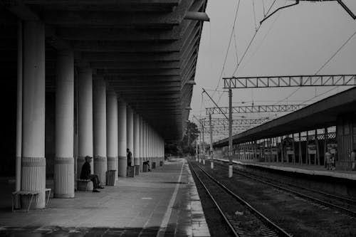 Бесплатное стоковое фото с железная дорога, железнодорожная станция, монохромный