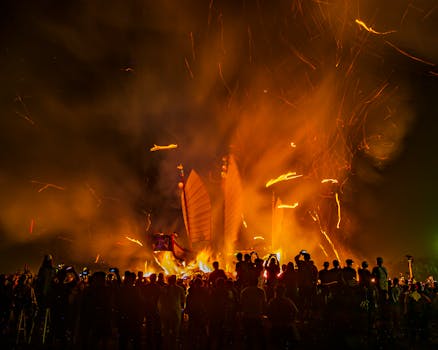 Vibrant fire festival with flames and crowd silhouettes at night in Taiwan.