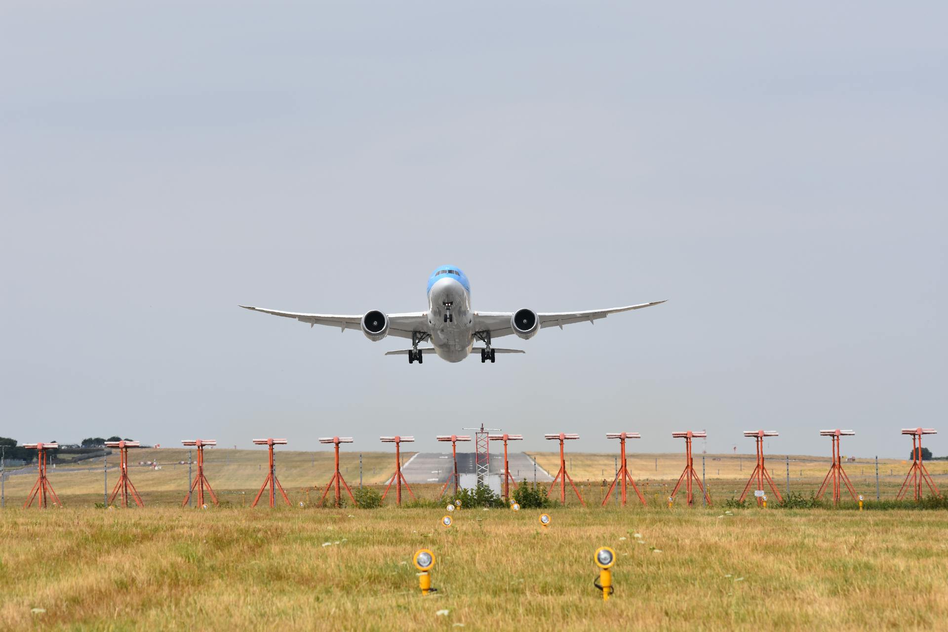 A commercial airplane takes off from a grassy field runway, captured in daylight.