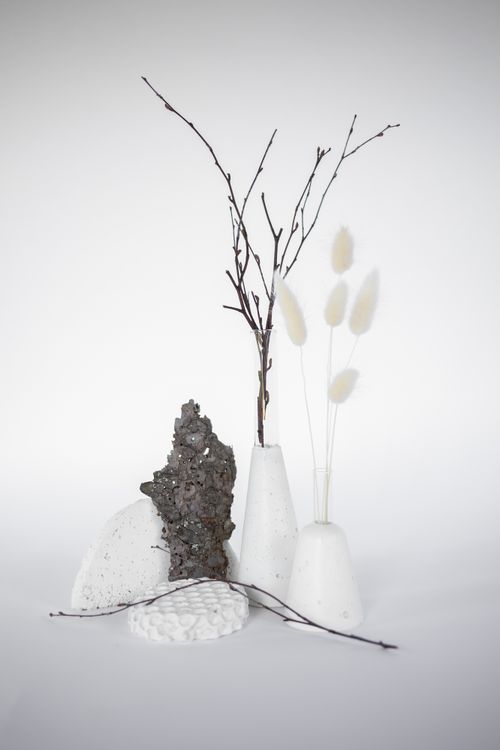 Free A minimalist arrangement of ceramic vases with white flowers on a white background. Stock Photo