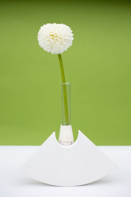 Free Elegant white dahlia in a unique vase with a green background, captured in a minimalist style. Stock Photo