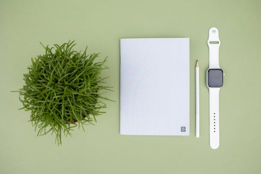 Flat lay of a minimalist workspace with a notebook, pencil, smartwatch, and potted plant on a green surface.