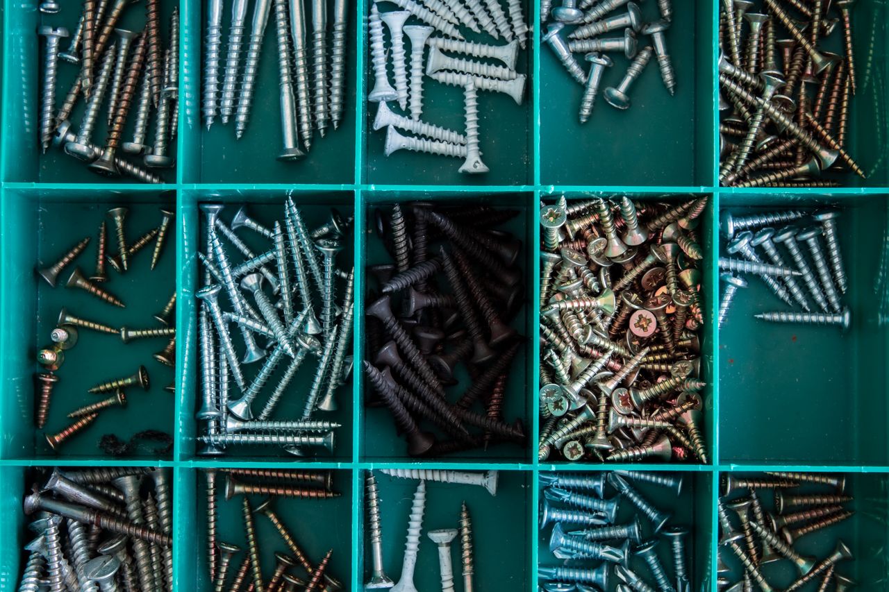 A well-organized toolbox displaying various types of screws.