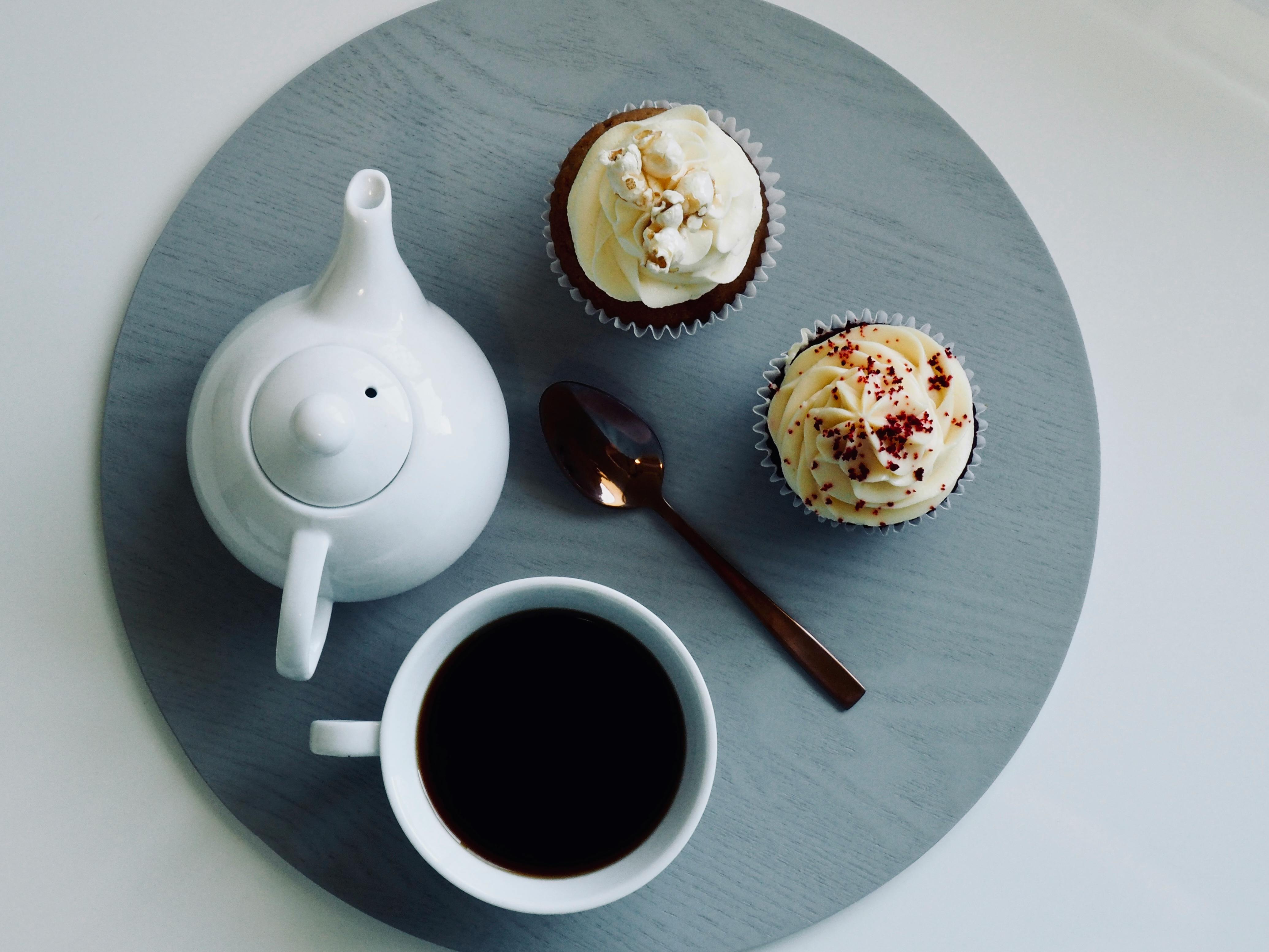 White Ceramic Cup and Teapot with Cupcakes · Free Stock Photo