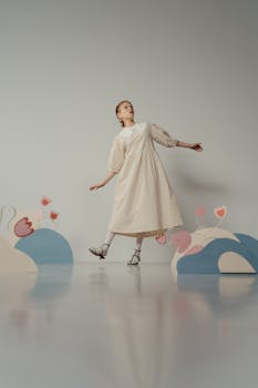 Stylish woman in plaid dress with floral decor on gray background