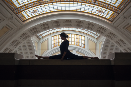 Silhouette of a woman doing a leg split against a stunning glass ceiling in an ornate indoor setting.