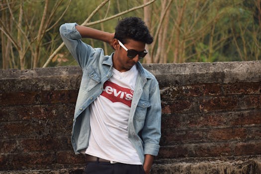 年轻人穿着牛仔夹克，戴着墨镜，显得时尚又自信