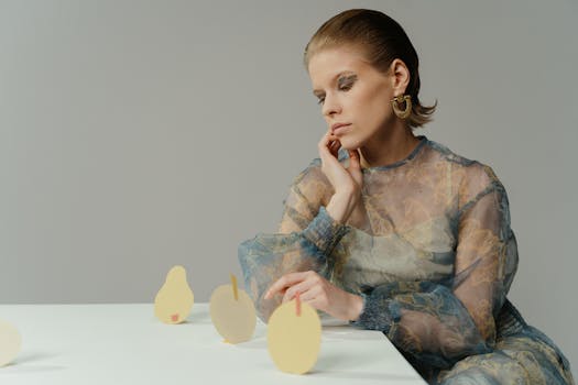 Stylish woman in sheer dress engaging with cut-out art on a table in a studio setting.