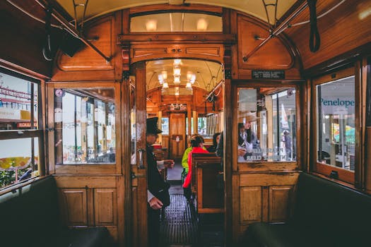 Explore the charming interior of a vintage tram in Christchurch, New Zealand with passengers aboard.