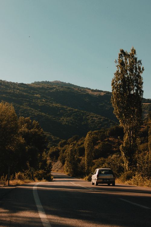 Free A scenic mountain road at sunrise, capturing a car journey through lush landscapes and inviting travel adventure. Stock Photo
