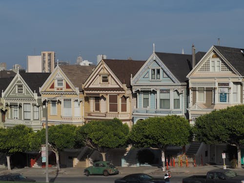 A Beautiful Houses on the Street with Green Trees