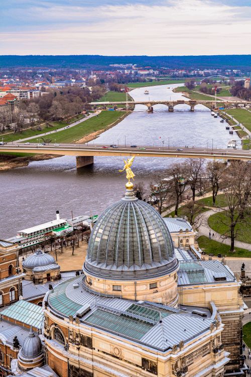 Free Aerial view of Dresden including the Academy of Fine Arts, Elbe River, and Augustus Bridge. Stock Photo