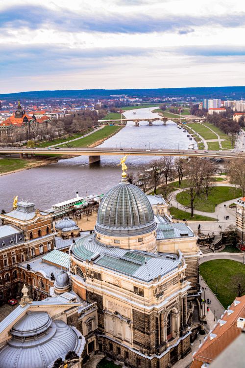 Free High-angle view of Dresden's iconic architecture and Elbe River with bridges in spring. Stock Photo