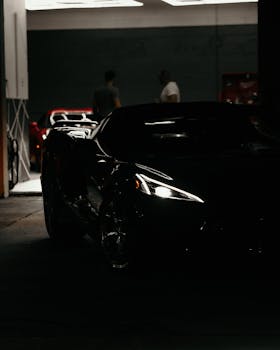 Black Corvette parked in a dimly lit garage with two people in the background, emphasizing its sleek design.