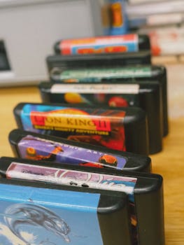 Nostalgic collection of vintage video game cartridges showcasing iconic retro gaming titles.