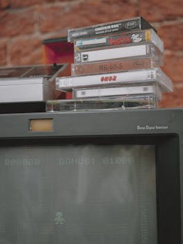 Close-up of vintage video game cassettes atop a retro TV, evoking 80s nostalgia.