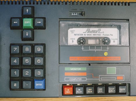 Close-up view of a vintage Amstrad computer cassette player with controls.