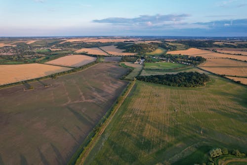 Aerial Shot of Green Grass Field Under the Blue Sky