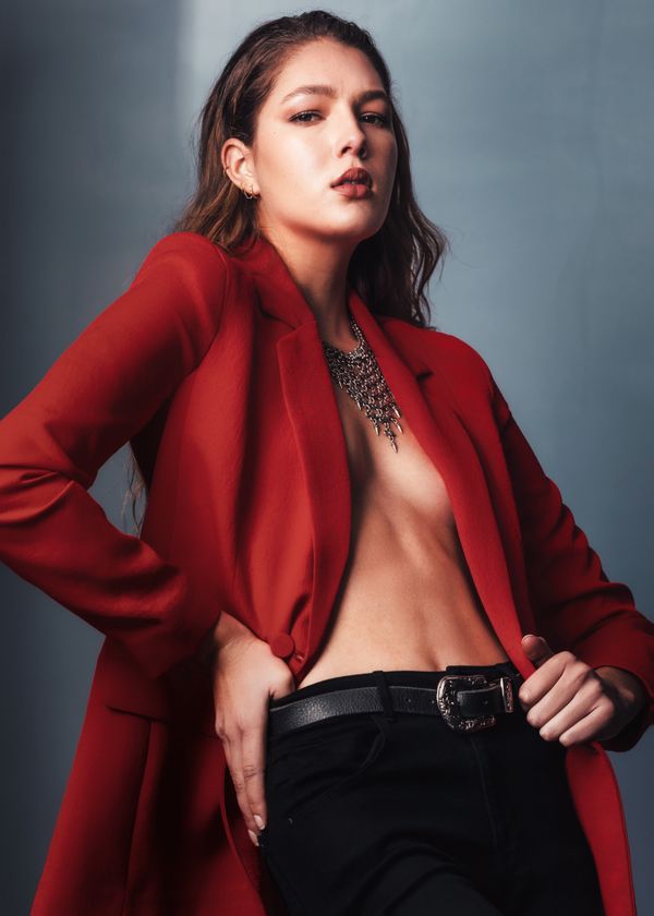 Red Blazer and Black Jeans Date Look