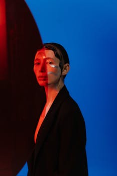 A striking portrait of a woman in a blazer with abstract makeup, bathed in red and blue lights.
