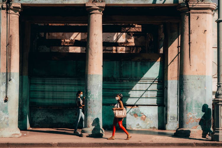 Women Wearing Facemask Walking On Sidewalk