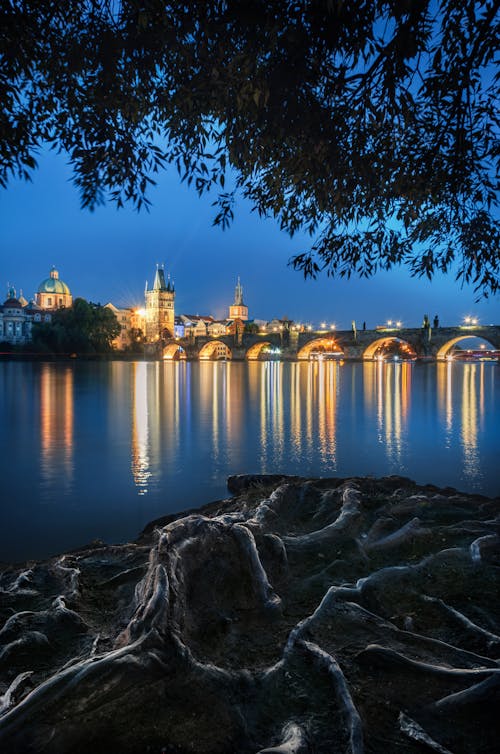 View of Illuminated Charles Bridge in Prague from across the Vltava River, Czech Republic 