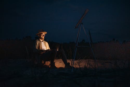 A Man Using a Laptop at Night