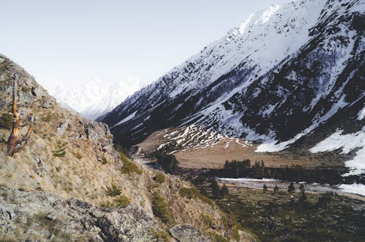Breathtaking snow-capped mountains with a scenic valley in winter.